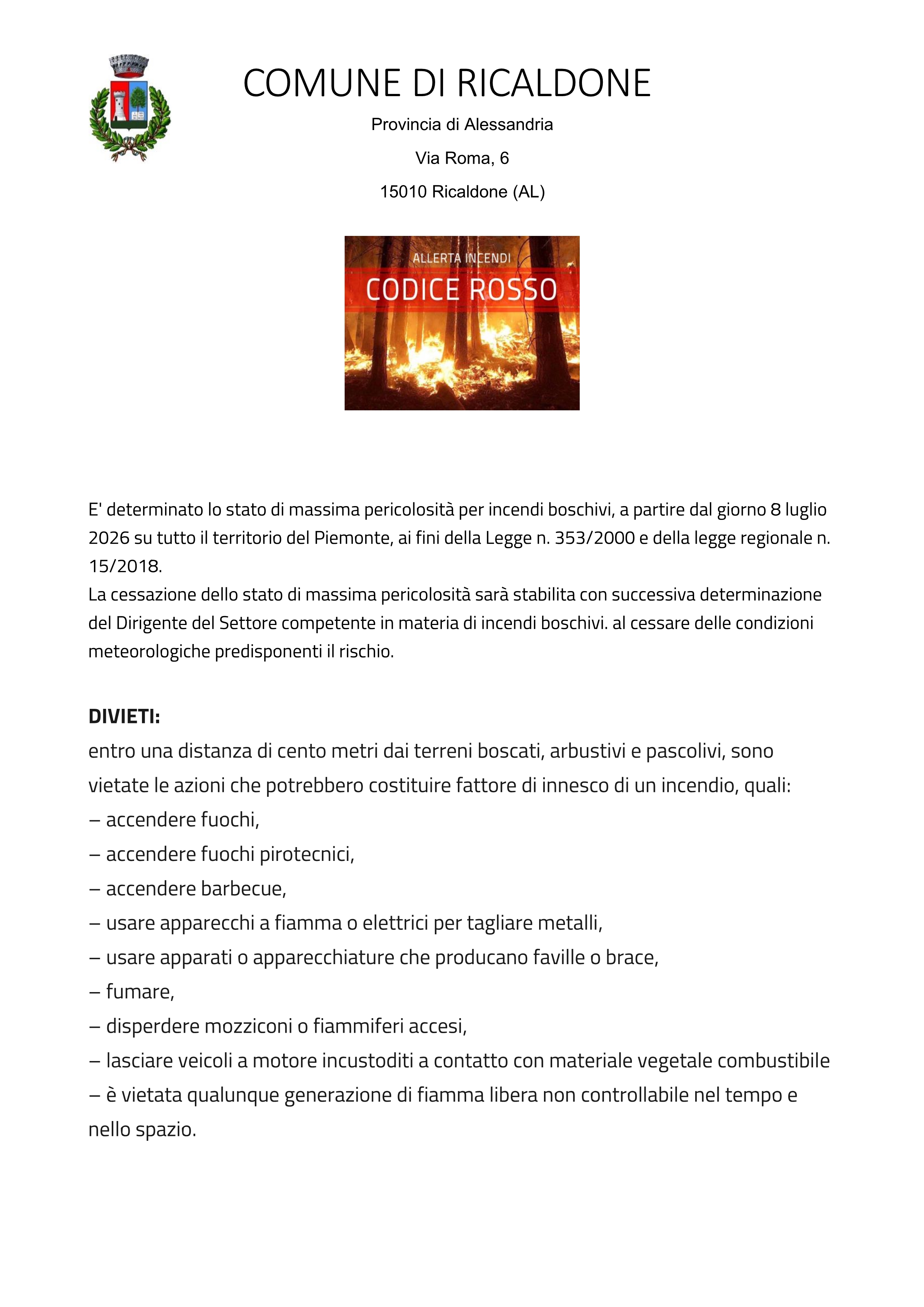 Allerta massima pericolosita' incendi boschivi